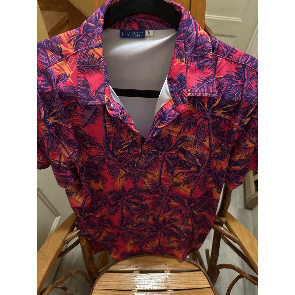 Hreski Mens Golf Polo Shirt Medium Pink Purple Tropical Palm Tree Performance